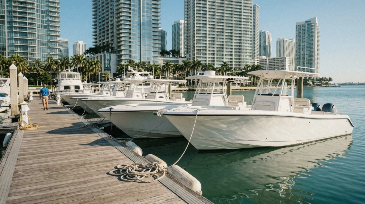 Charter boats moored at a Downtown Miami marina near Bayside Marketplace before a private boat tour in Miami