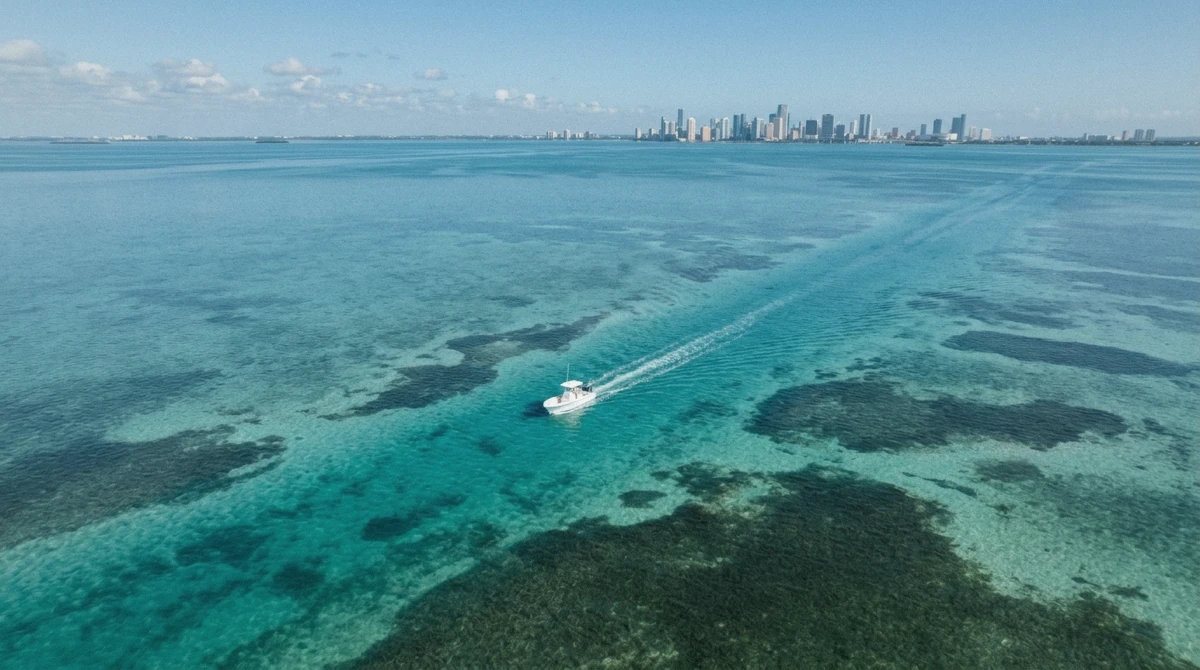 Aerial view of boats crossing turquoise Biscayne Bay toward the downtown skyline on a private boat tour in Miami, Florida