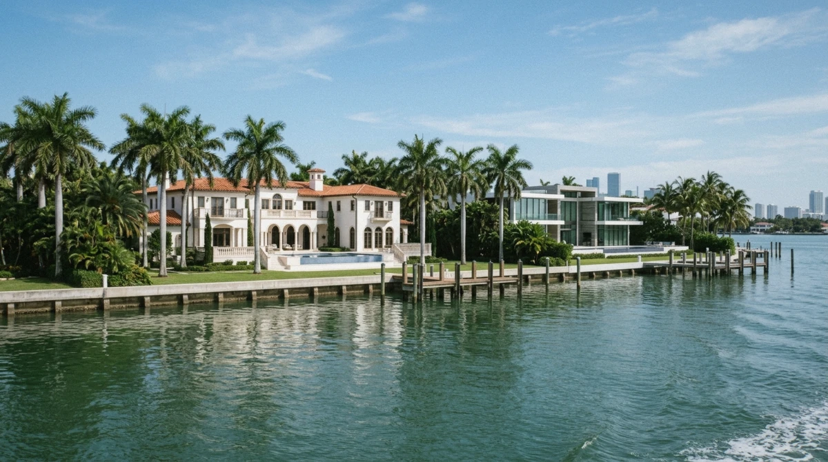 Waterfront mansions of Star Island seen from the water on a private boat tour in Miami passing celebrity homes