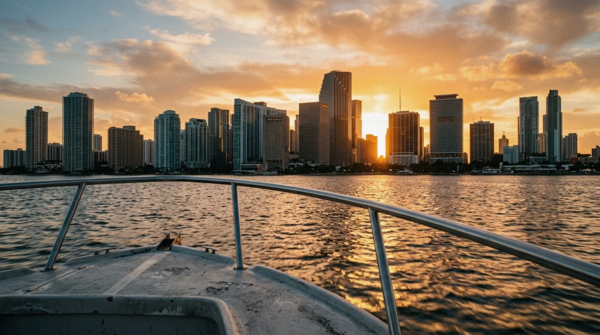 Golden hour light over the Miami skyline seen from the bow during a sunset private boat tour in Miami on Biscayne Bay